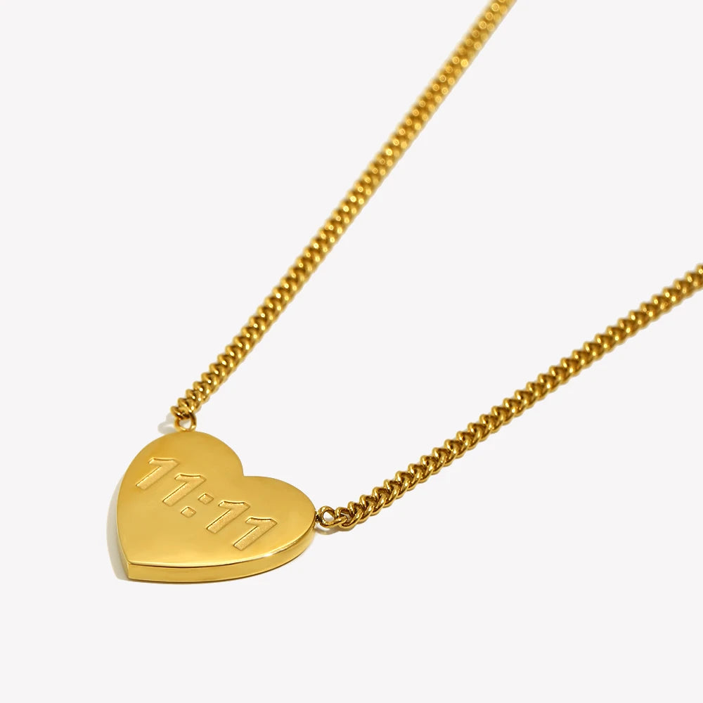 Waterproof New Stainless Steel 18K Gold Plated Jewelry 11:11 Lucky Angel Number Heart Shape Necklace For Women