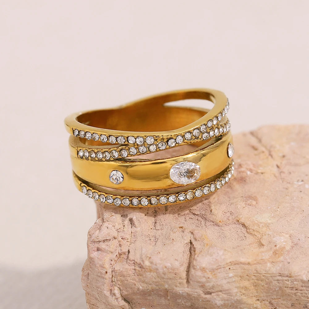 Creative Luxury Multipile Zircon Ring High Quality Stainless Steel 18K Gold Plated Party Statement Jewelry Accessories