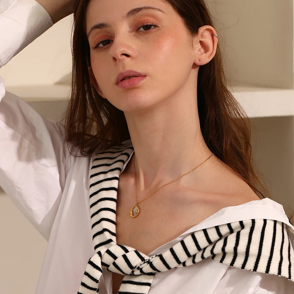 Natural Mother Of Pearl Casting Moon Star Circle Coin Necklace For Woman 18K Gold Plated  Stainless Steel Jewelry