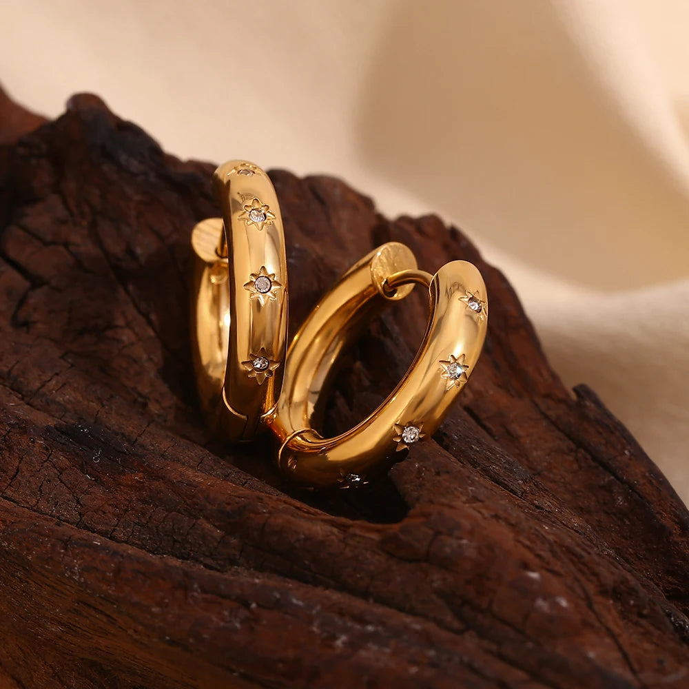 Earings Fashion Jewelry Non Tarnished Thick Hoop Earrings AAA Zircon CZ Star Gold Rhinestone Earrings For Women