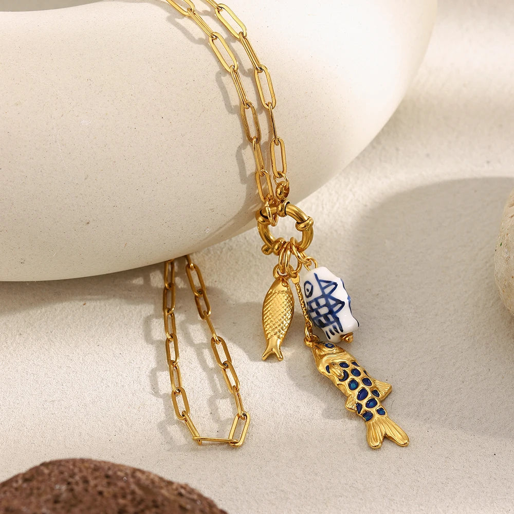 New Design Golden Plated Stainless Steel Waterproof Paper Clip Chain Fish Charm Necklace Women Men Jewelry