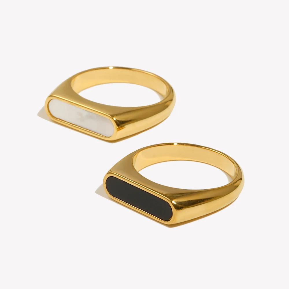 Basic Natural Shell White Black Stripe Gold Ring Fine Polished 18K Gold Plated Stainless Steel Rings For Female