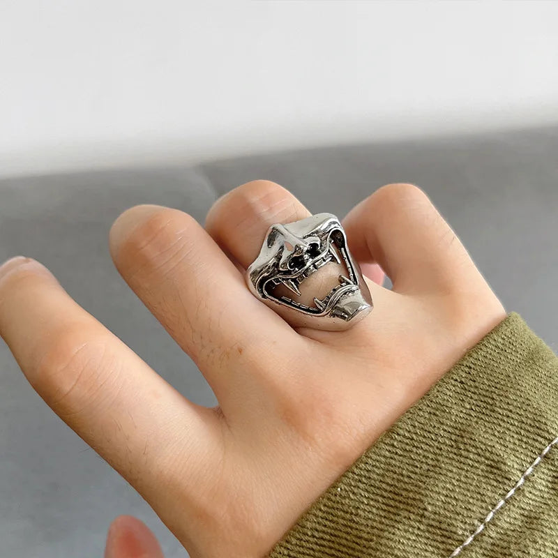 Retro Prajna Mask Half Face Ring For Men Punk Gothic Rock Hiphop Open Ring Handmade Designer Jewelry Biker Accessories Man Gift