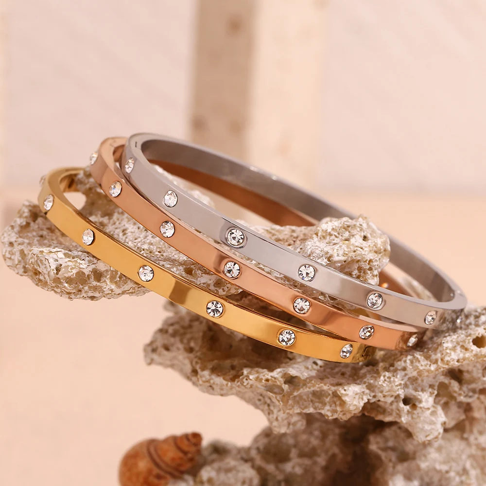 Pulseira Fivela Zircônia Pontilhada Resistente à Água Aço Inoxidável 316L para Mulheres Joia Banhada a Ouro 18K