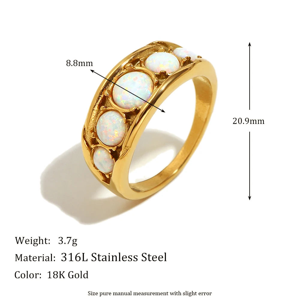 New Design Luxury Round Opal Stone Ring Stainless Steel PVD Plating Women Jewelry Accessories
