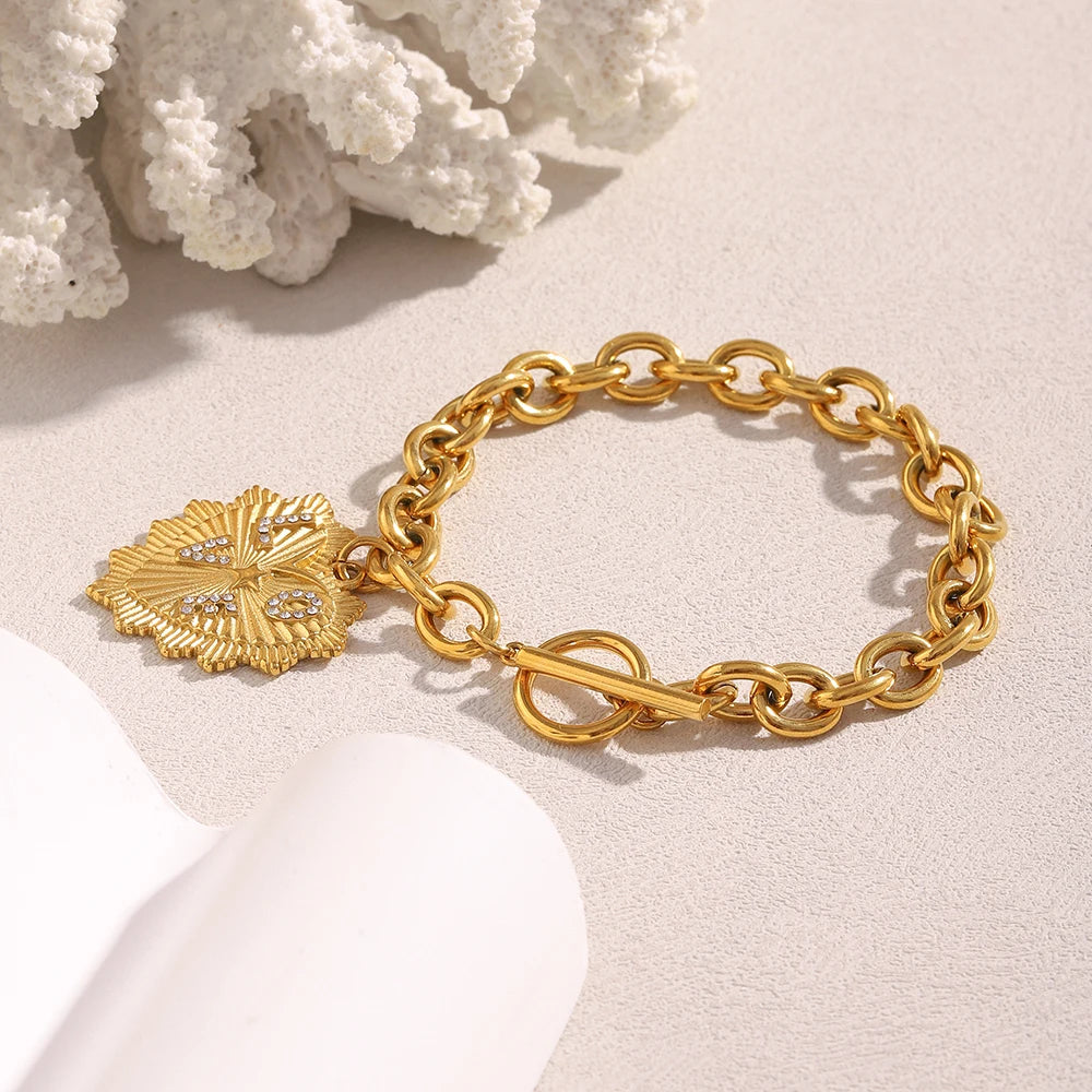 New Exaggerated OT Buckle Rhinestone “LOVE” Heart Buckle Necklace Bracelet 18K Gold Plated Stainless Steel Jewelry Set