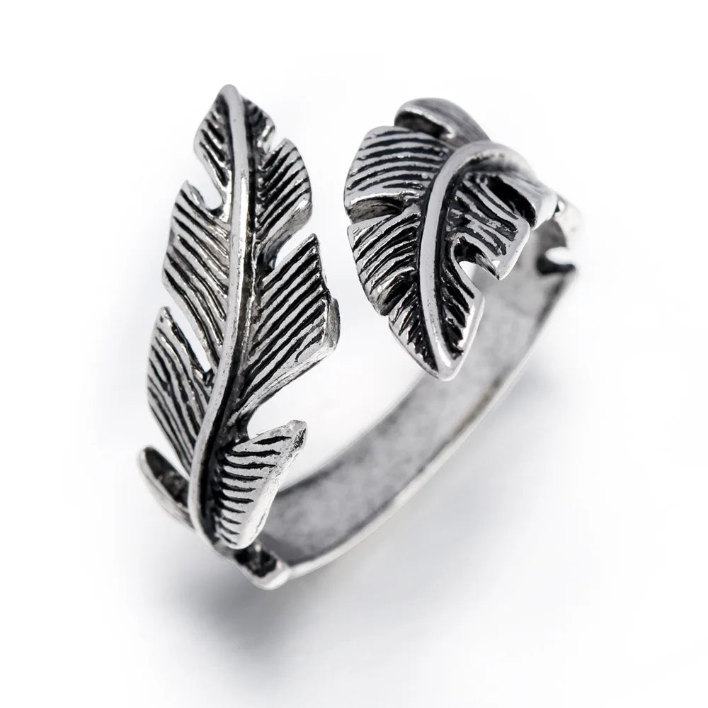 Retro Leaf Feather Ring For Men Women SIlver Color Punk Gothic Open Ring Handmade Designer Jewelry Unisex Accessories Love Gift