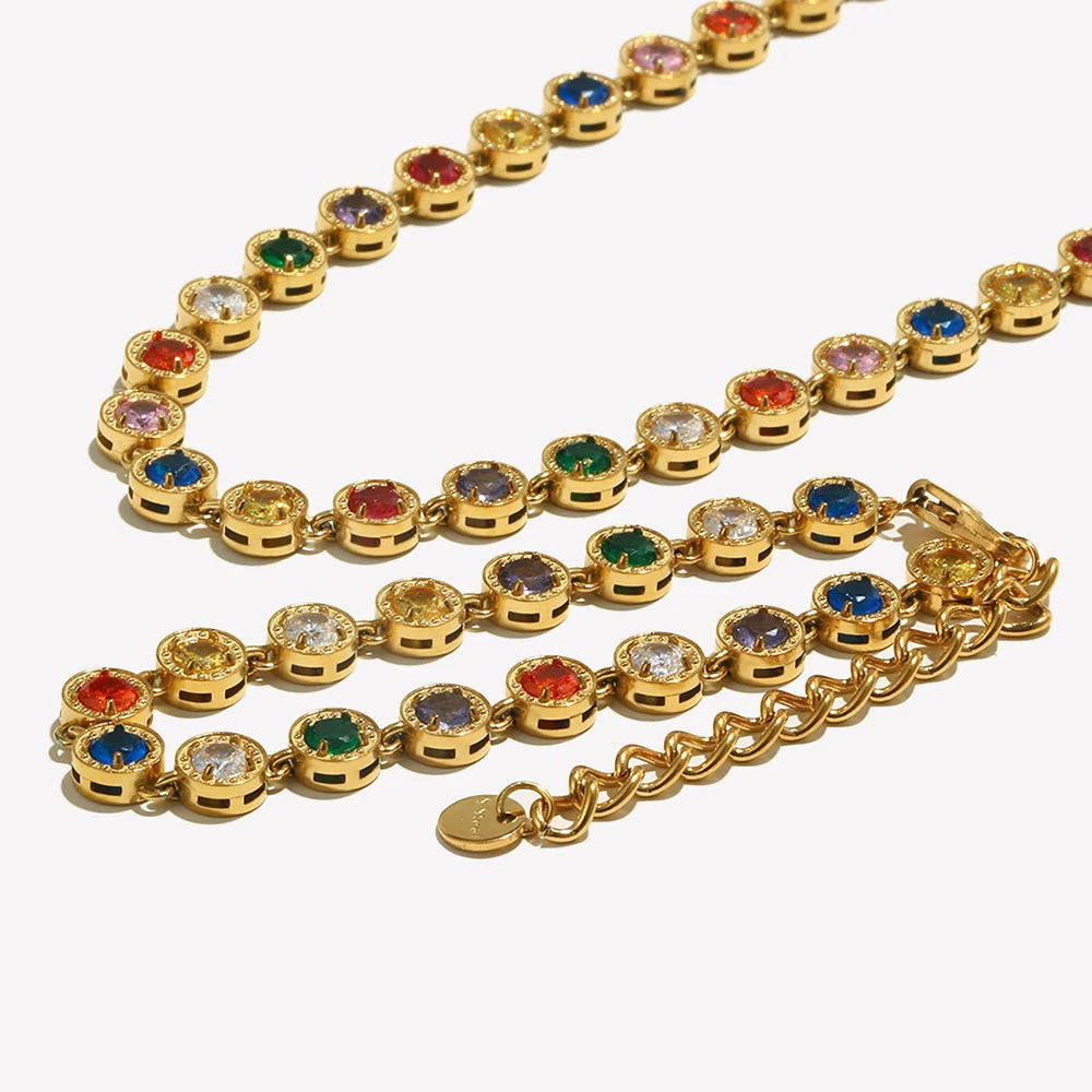 Multicolor Luxury Round Zircon Necklace Bracelet PVD Plated Stainless Steel Classic Style Party Shiny Chic Jewelry