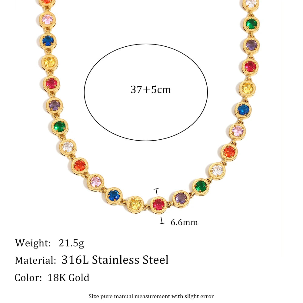 Multicolor Luxury Round Zircon Necklace Bracelet PVD Plated Stainless Steel Classic Style Party Shiny Chic Jewelry