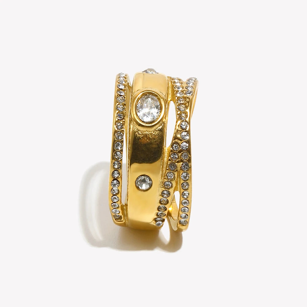 Creative Luxury Multipile Zircon Ring High Quality Stainless Steel 18K Gold Plated Party Statement Jewelry Accessories