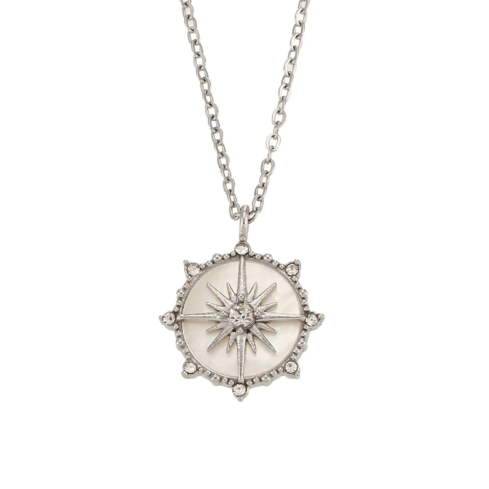 Latest Design Girl's Jewelry Natural Shell Wheel of Fortune Pendant Necklace Stainless Steel Gold Plated Silver Color Necklace
