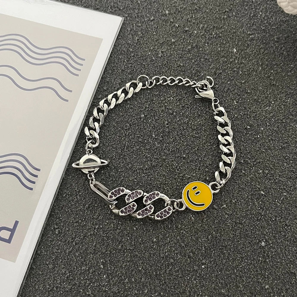 Retro Smile Face Cuban Link Chain Bracelet For Men Stainless Steel Punk Gothic Hiphop Accessories Unisex Jewelry Trendy Gift