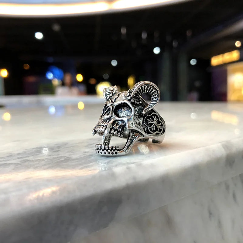 Retro Horn Skull Large Ring For Men Punk Gothic Rock Hiphop Open Ring Biker Accessories Handmade Designer Jewelry Gift For Man