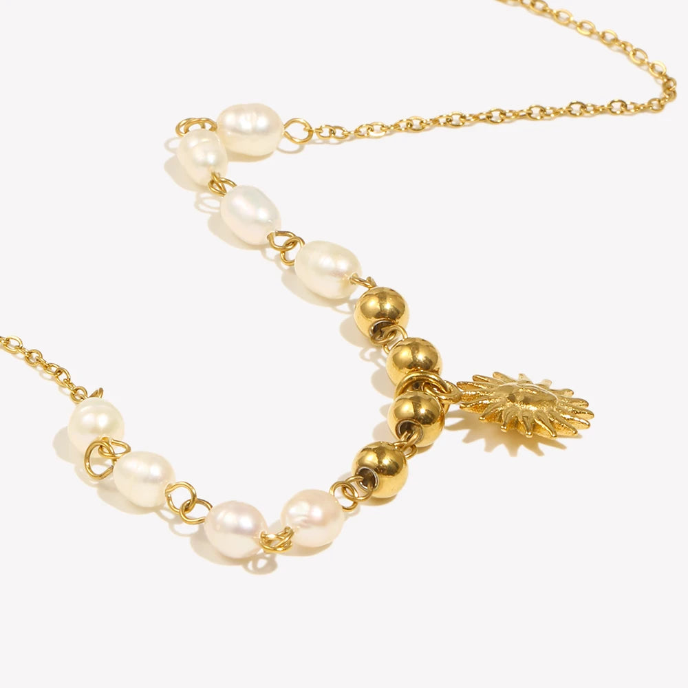 Freshwater Pearl Gold Color Beads Chain Stainless Steel Necklace Optimistic Sun Pendant Necklace For Woman Gift