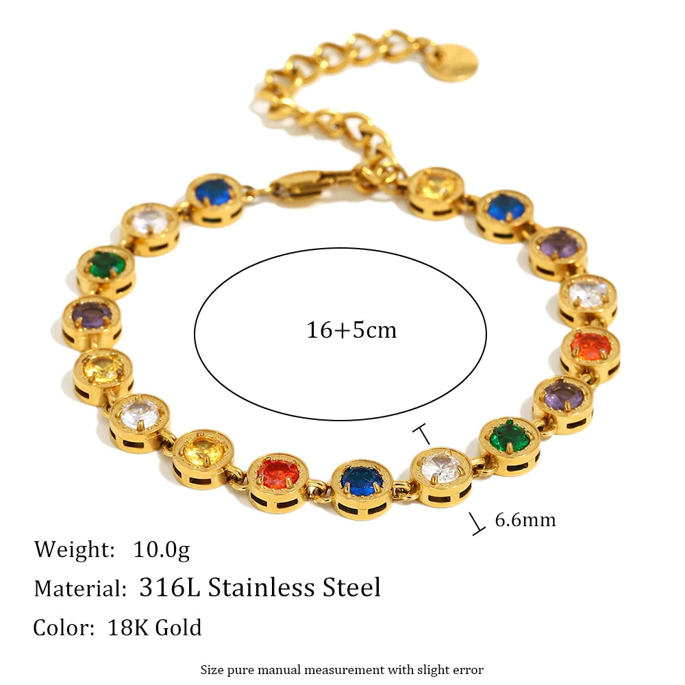 Multicolor Luxury Round Zircon Necklace Bracelet PVD Plated Stainless Steel Classic Style Party Shiny Chic Jewelry