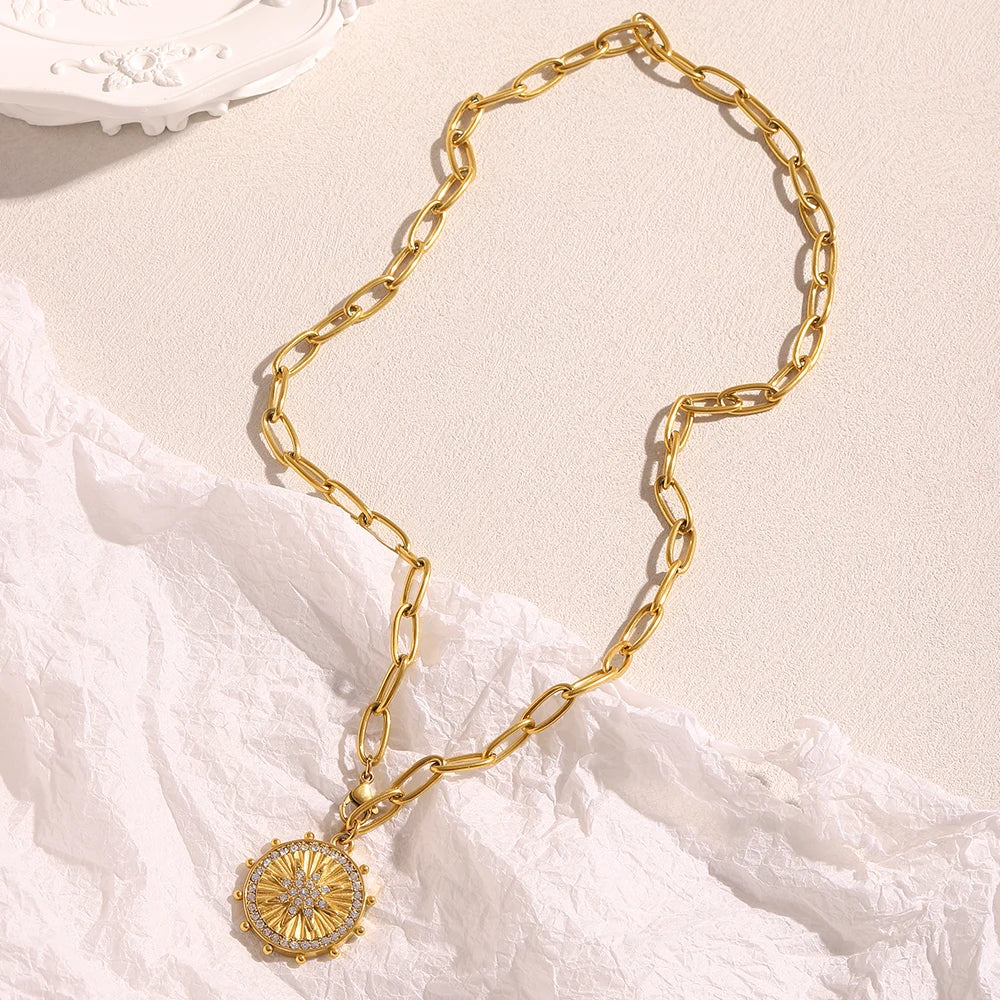 Coin Size Round Eight Pointed Star Pendant Necklace PVD Plated Stainless Steel Women Party Chic Jewelry