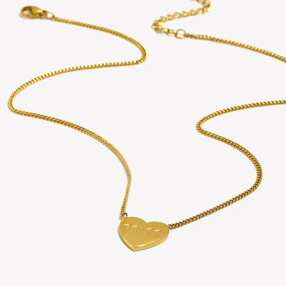Waterproof New Stainless Steel 18K Gold Plated Jewelry 11:11 Lucky Angel Number Heart Shape Necklace For Women