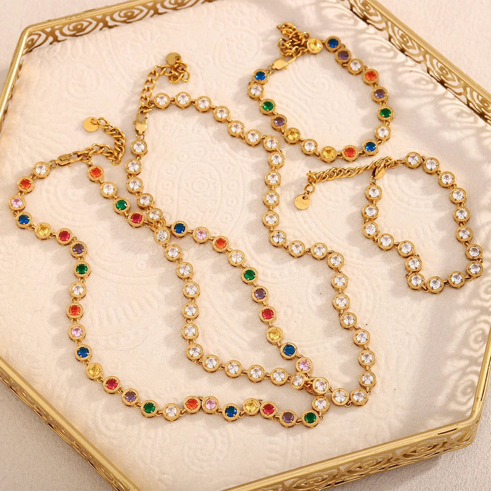 Multicolor Luxury Round Zircon Necklace Bracelet PVD Plated Stainless Steel Classic Style Party Shiny Chic Jewelry