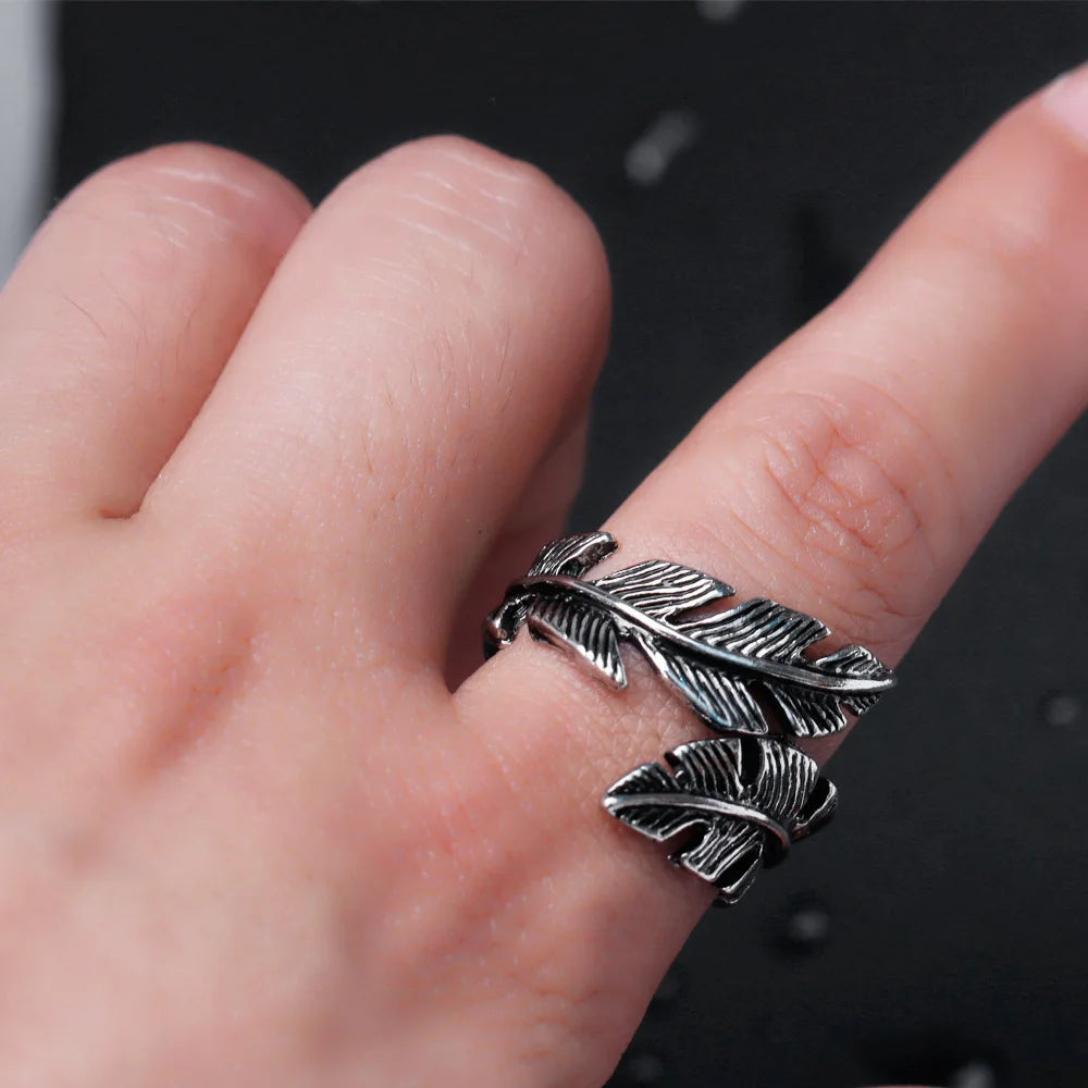 Retro Leaf Feather Ring For Men Women SIlver Color Punk Gothic Open Ring Handmade Designer Jewelry Unisex Accessories Love Gift