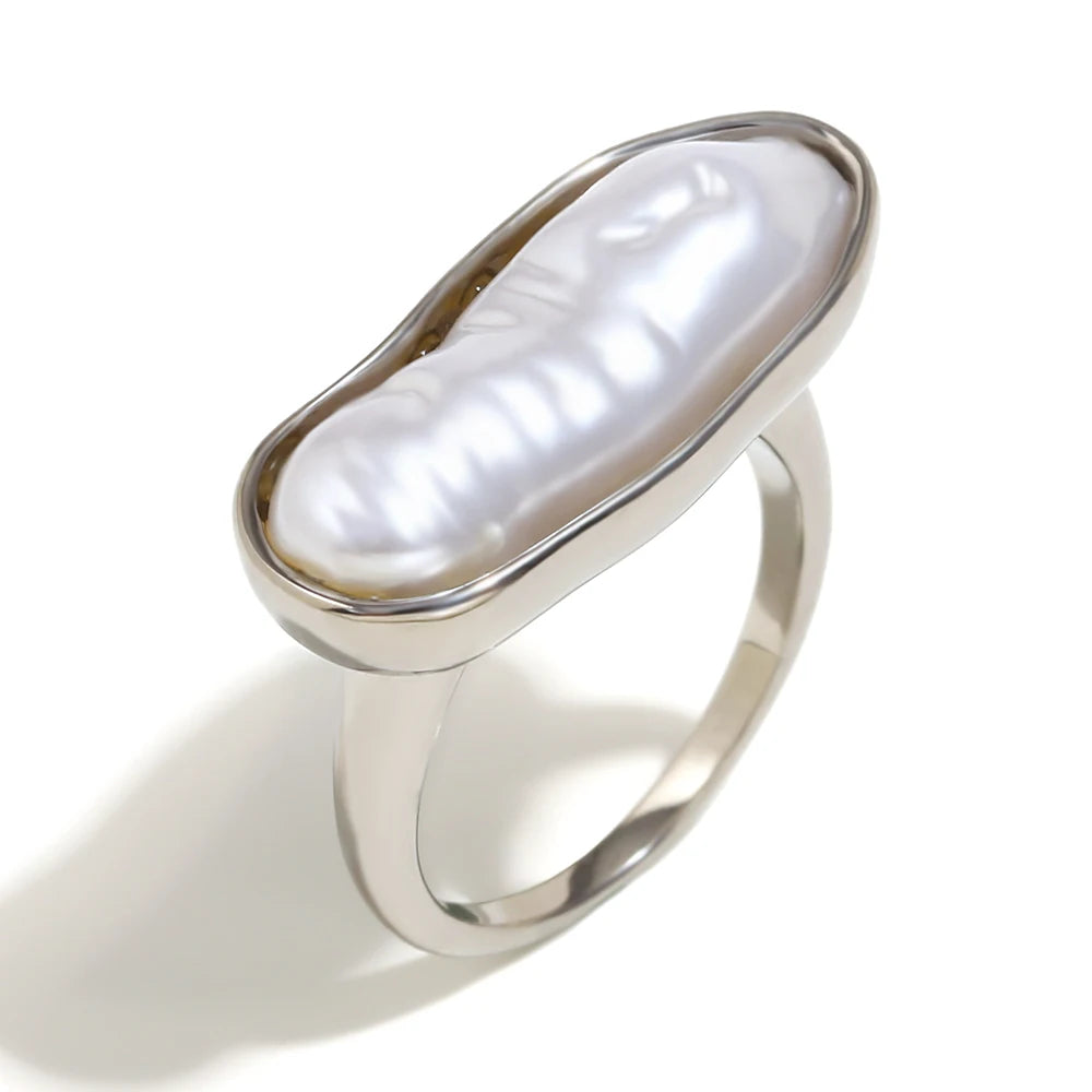 Long Strip Freshwater Pearl Ring 18K Gold Plated Stainless Steel Baroque Waterproof Jewelry Charm