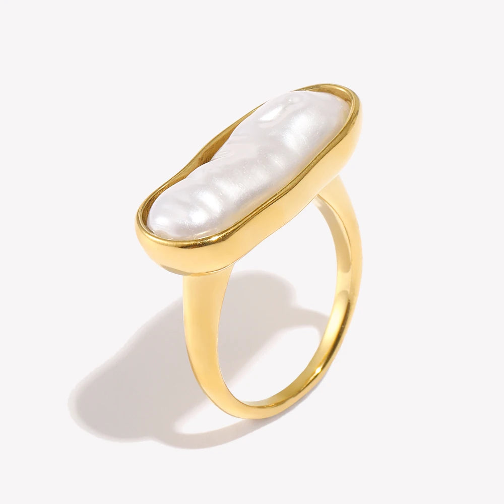 Long Strip Freshwater Pearl Ring 18K Gold Plated Stainless Steel Baroque Waterproof Jewelry Charm