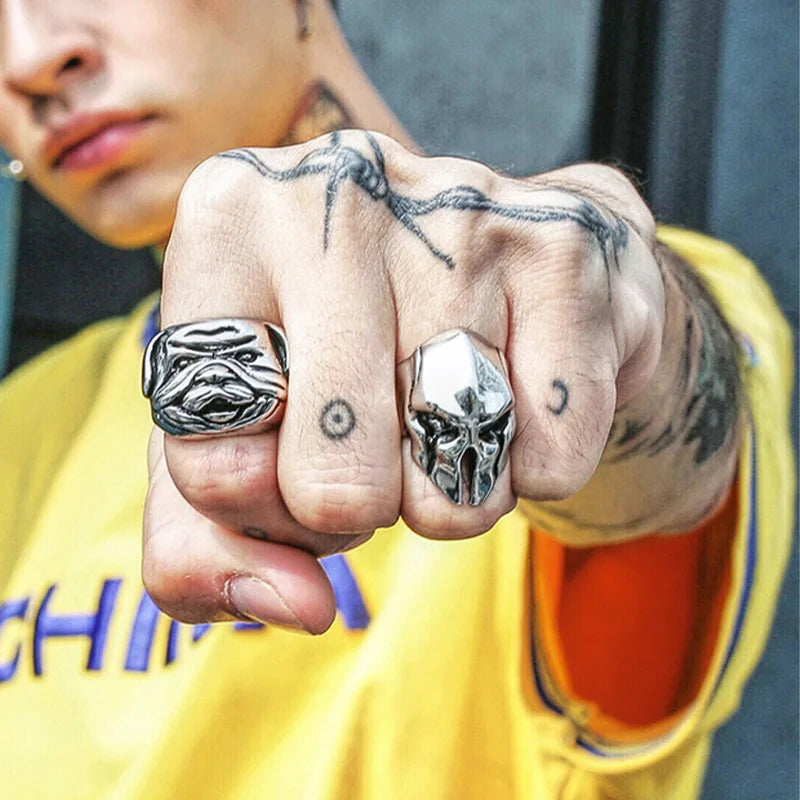 Retro Spartan Mask Large Ring For Men Punk Gothic Rock Hiphop Open Ring Biker Accessories Handmade Designer Jewelry Gift For Man