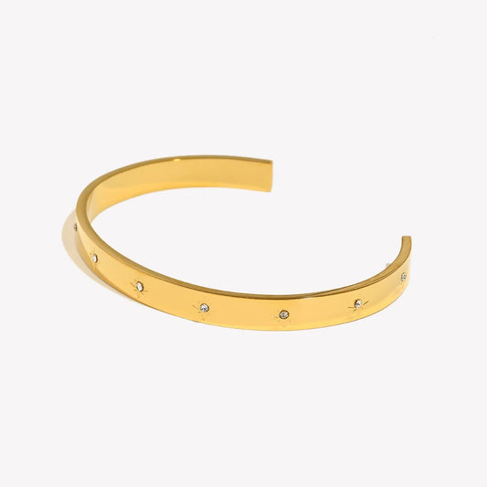 Pulseira Aberta de Aço Inoxidável 316L com Zircônia em Estrela de Oito Pontas para Mulheres, Banhada a Ouro 18K