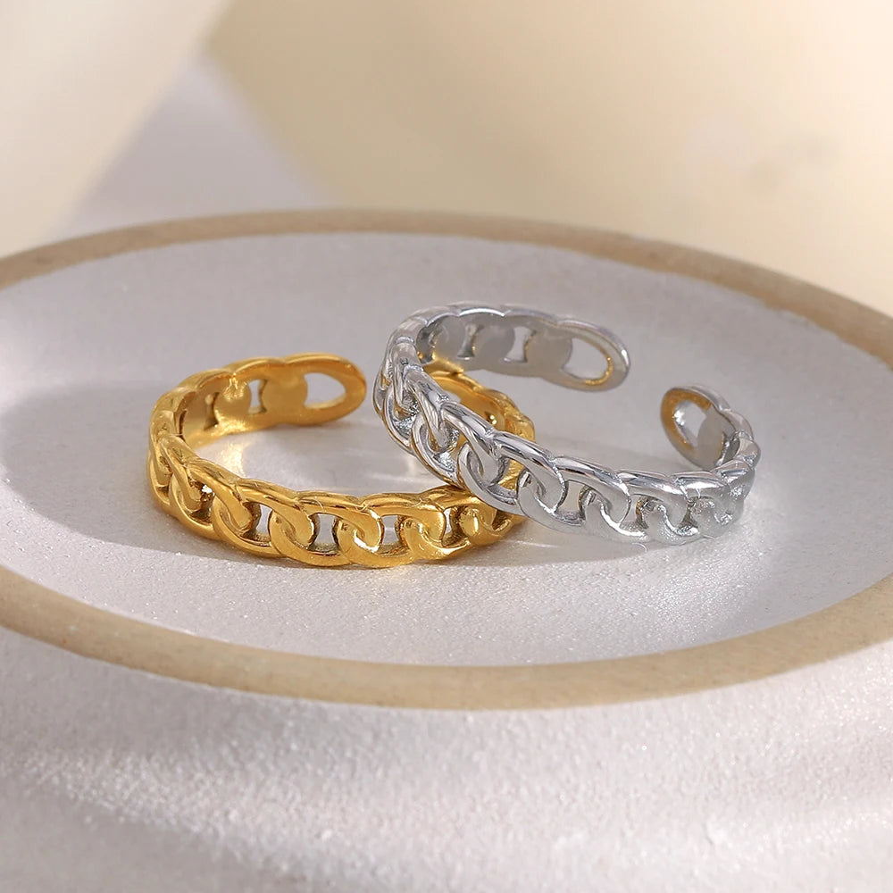 Glossy Narrow Chain Opening Ring PVD Plated High Quality Stainless Steel Waterproof Fashion Women Jewelry