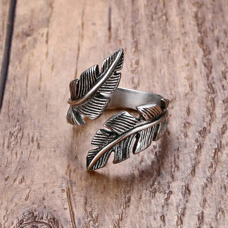 Retro Leaf Feather Ring For Men Women SIlver Color Punk Gothic Open Ring Handmade Designer Jewelry Unisex Accessories Love Gift
