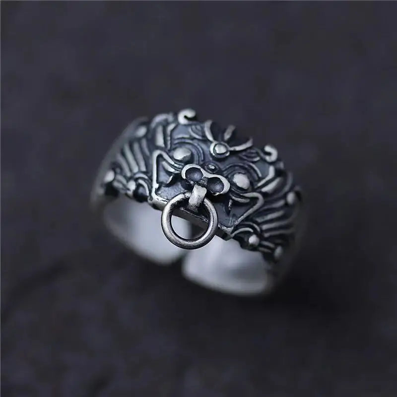 Retro Guardian Taotie Ring For Men Blessing Chinese Mythology Open Ring Unisex Accessories Handmade Designer Jewelry Lover Gift