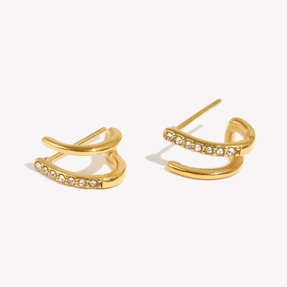 Brincos de argola duplos vazados com cristais para mulheres Pequenos brincos de pino de aço inoxidável banhados a ouro