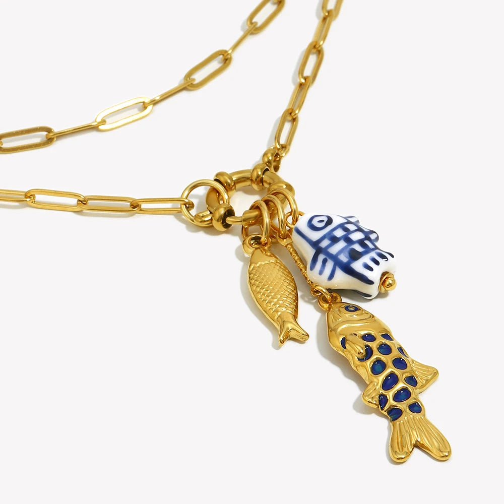 New Design Golden Plated Stainless Steel Waterproof Paper Clip Chain Fish Charm Necklace Women Men Jewelry