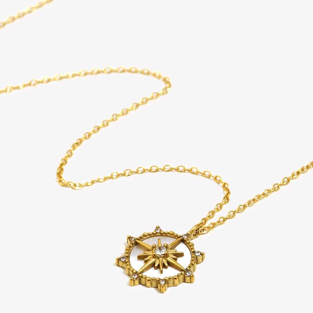 Latest Design Girl's Jewelry Natural Shell Wheel of Fortune Pendant Necklace Stainless Steel Gold Plated Silver Color Necklace