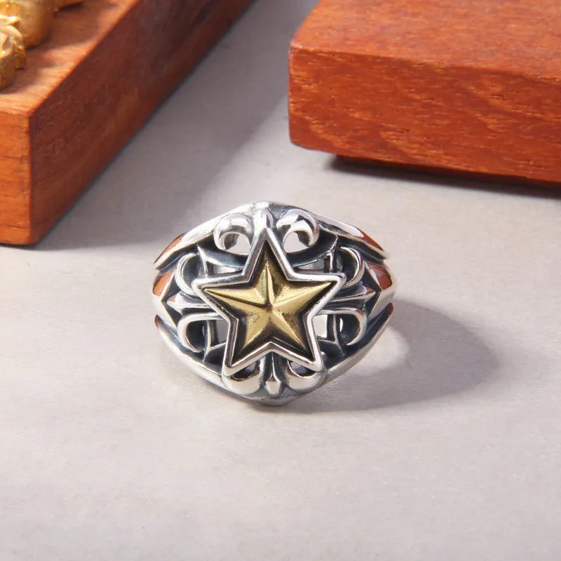 Retro Golden Cross Star Ring For Men Punk Gothic Rock Hiphop Open Ring Handmade Unisex Jewelry Bikers Accessories Lovers Gift