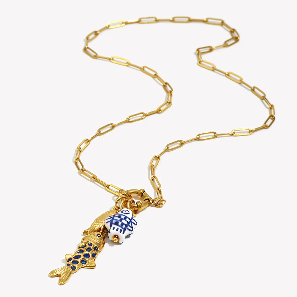 New Design Golden Plated Stainless Steel Waterproof Paper Clip Chain Fish Charm Necklace Women Men Jewelry
