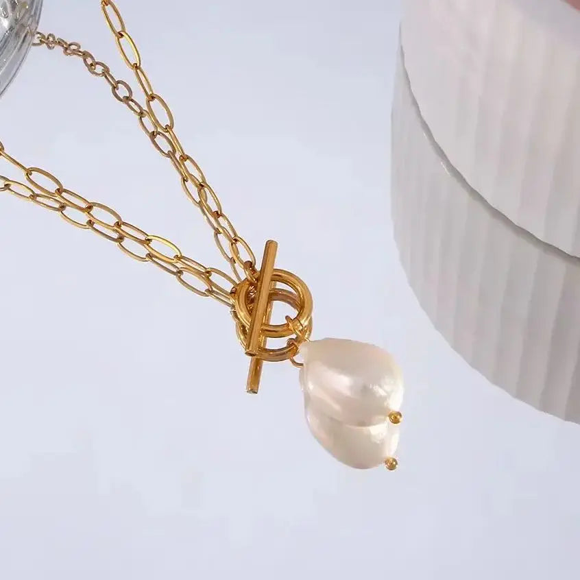 Colar de Pérolas Barrocas de Água Doce com Corrente de Clipe de Papel de Aço Inoxidável e Fecho Toggle Joias de Pérolas Naturais para Mulheres