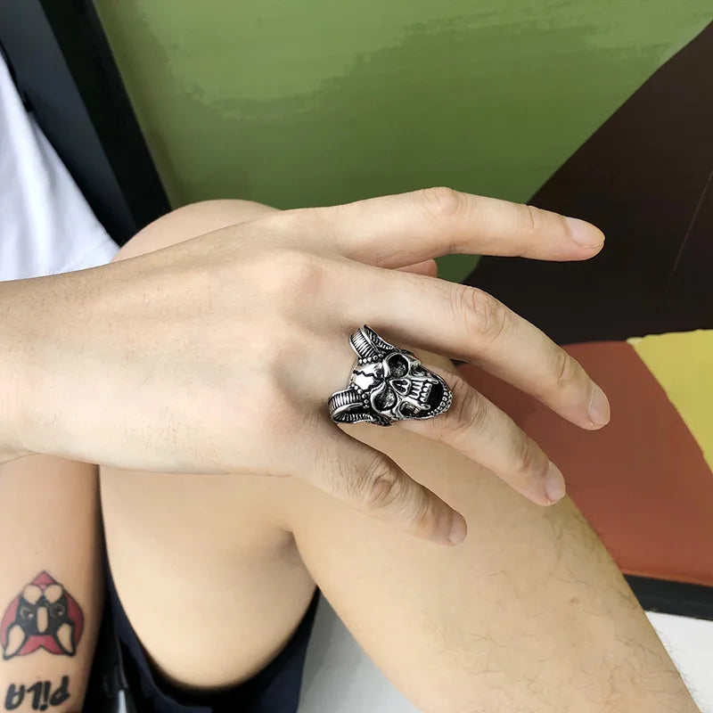 Retro Horn Skull Large Ring For Men Punk Gothic Rock Hiphop Open Ring Biker Accessories Handmade Designer Jewelry Gift For Man