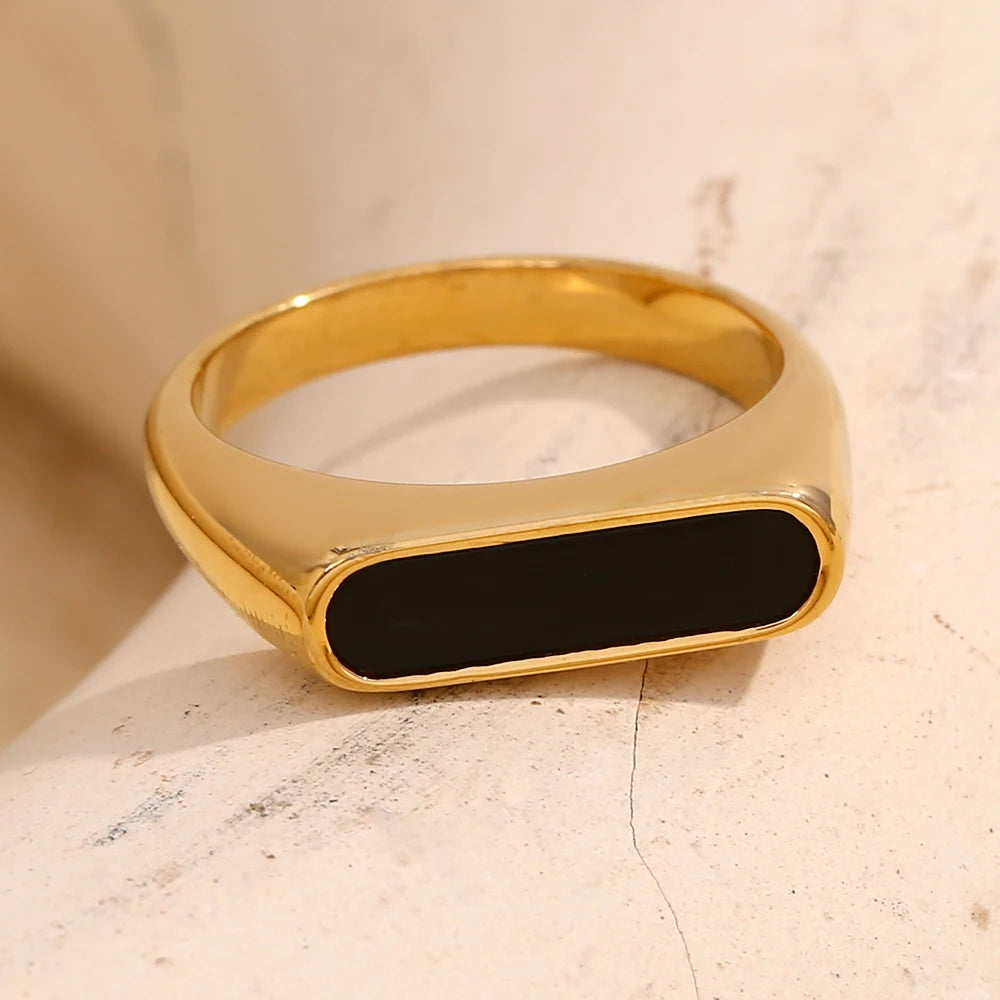 Basic Natural Shell White Black Stripe Gold Ring Fine Polished 18K Gold Plated Stainless Steel Rings For Female