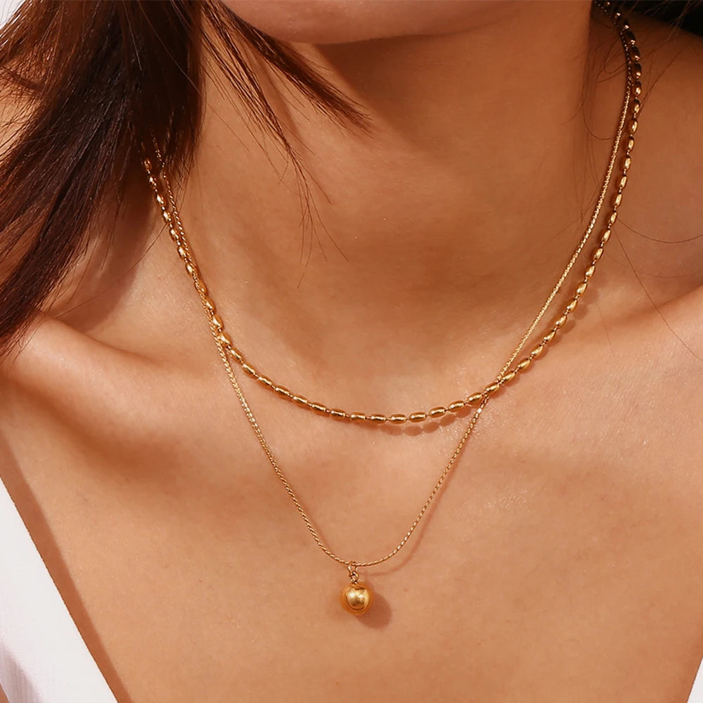 Colar com Pingente de Miçangas Simples de Camada Dupla Aço Inoxidável 316L Banhado a Ouro 18K Joia