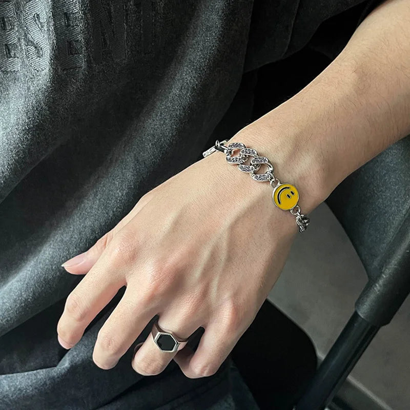 Retro Smile Face Cuban Link Chain Bracelet For Men Stainless Steel Punk Gothic Hiphop Accessories Unisex Jewelry Trendy Gift