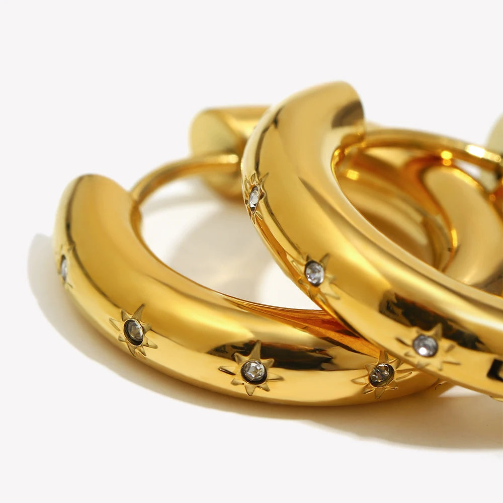 Earings Fashion Jewelry Non Tarnished Thick Hoop Earrings AAA Zircon CZ Star Gold Rhinestone Earrings For Women