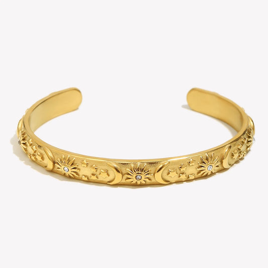 Pulseira Clássica com Sol, Lua e Estrela, Banhada a Ouro 18K, Resistente a Manchas, Joia de Aço Inoxidável