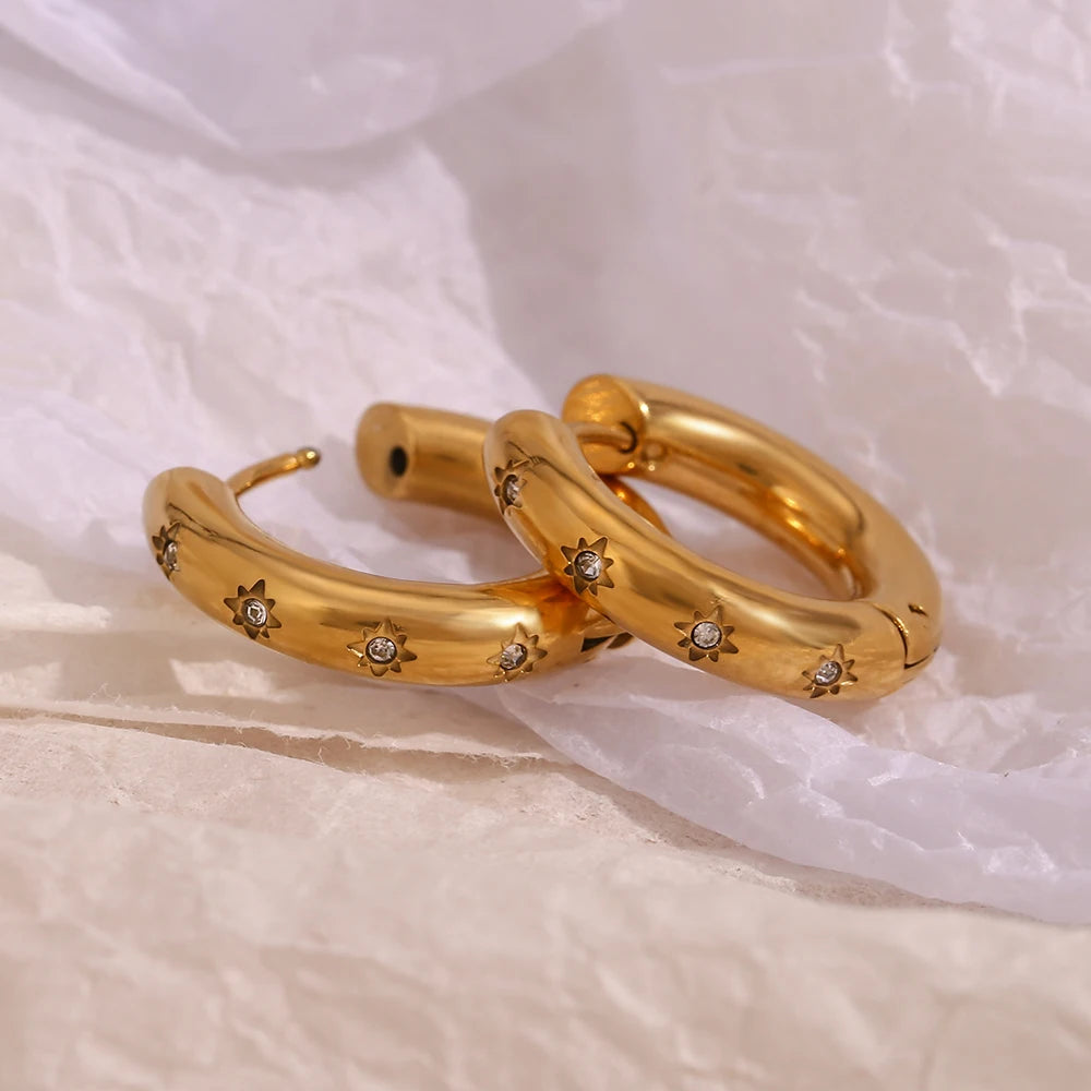 Earings Fashion Jewelry Non Tarnished Thick Hoop Earrings AAA Zircon CZ Star Gold Rhinestone Earrings For Women