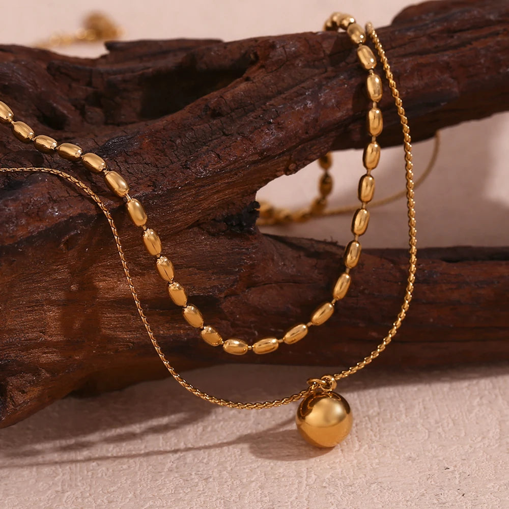 Colar com Pingente de Miçangas Simples de Camada Dupla Aço Inoxidável 316L Banhado a Ouro 18K Joia