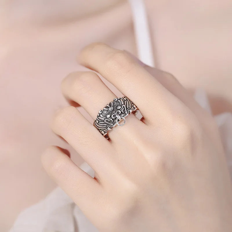 Retro Guardian Taotie Ring For Men Blessing Chinese Mythology Open Ring Unisex Accessories Handmade Designer Jewelry Lover Gift