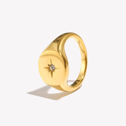 Anel com Selo Estrela Polar Prateado Impermeável Aço Inoxidável 316L Joias Banhadas a Ouro 18K Acessórios