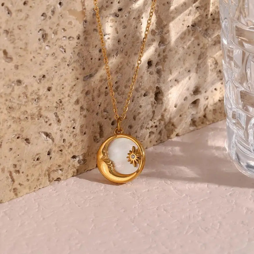 Natural Mother Of Pearl Casting Moon Star Circle Coin Necklace For Woman 18K Gold Plated  Stainless Steel Jewelry