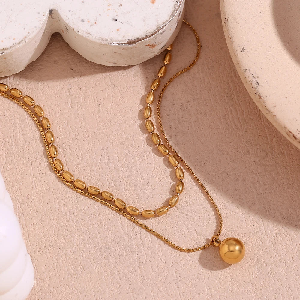 Colar com Pingente de Miçangas Simples de Camada Dupla Aço Inoxidável 316L Banhado a Ouro 18K Joia