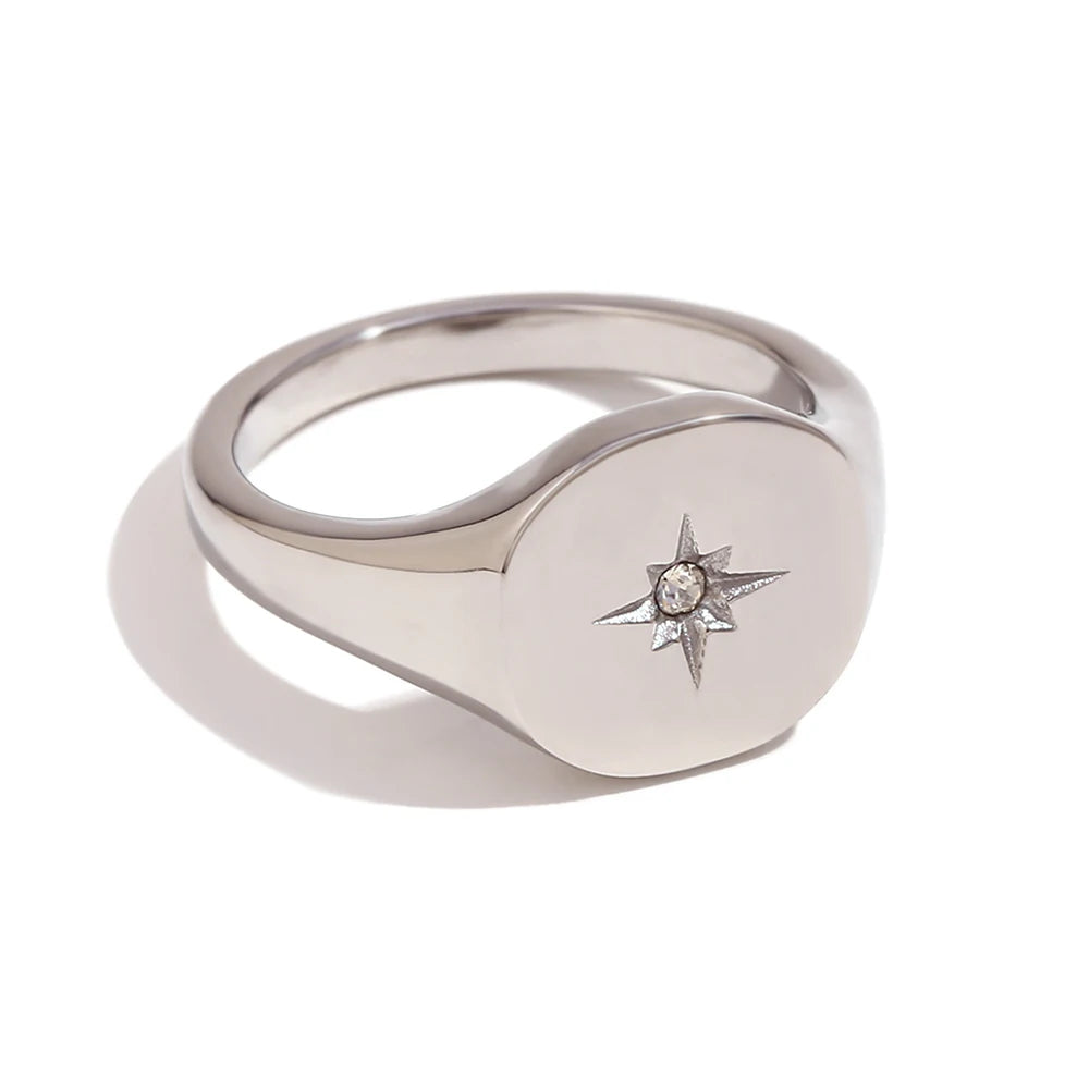 Anel com Selo Estrela Polar Prateado Impermeável Aço Inoxidável 316L Joias Banhadas a Ouro 18K Acessórios