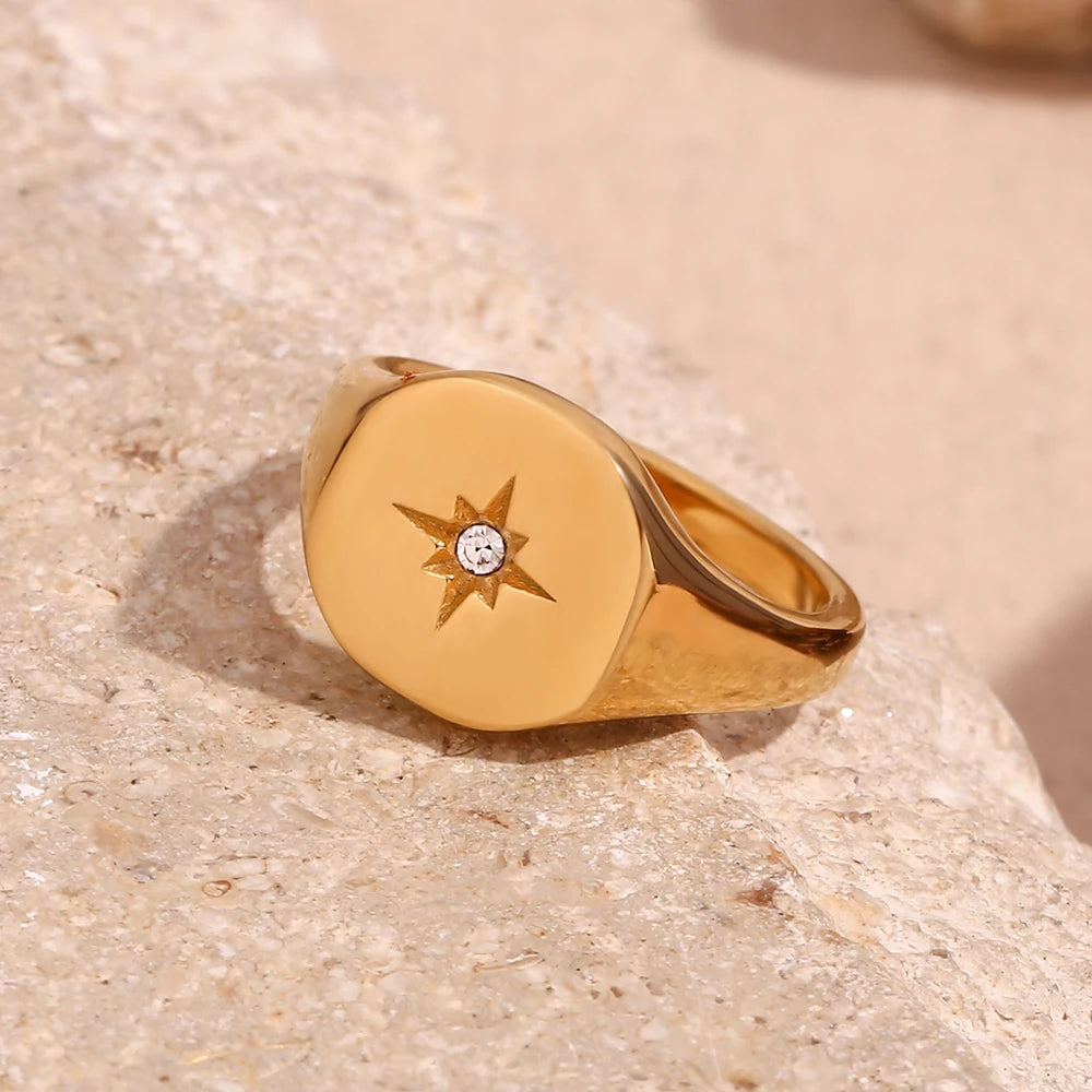Anel com Selo Estrela Polar Prateado Impermeável Aço Inoxidável 316L Joias Banhadas a Ouro 18K Acessórios